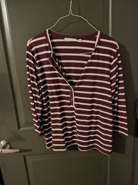 Notations Women's Burgundy and White Striped Henley Top